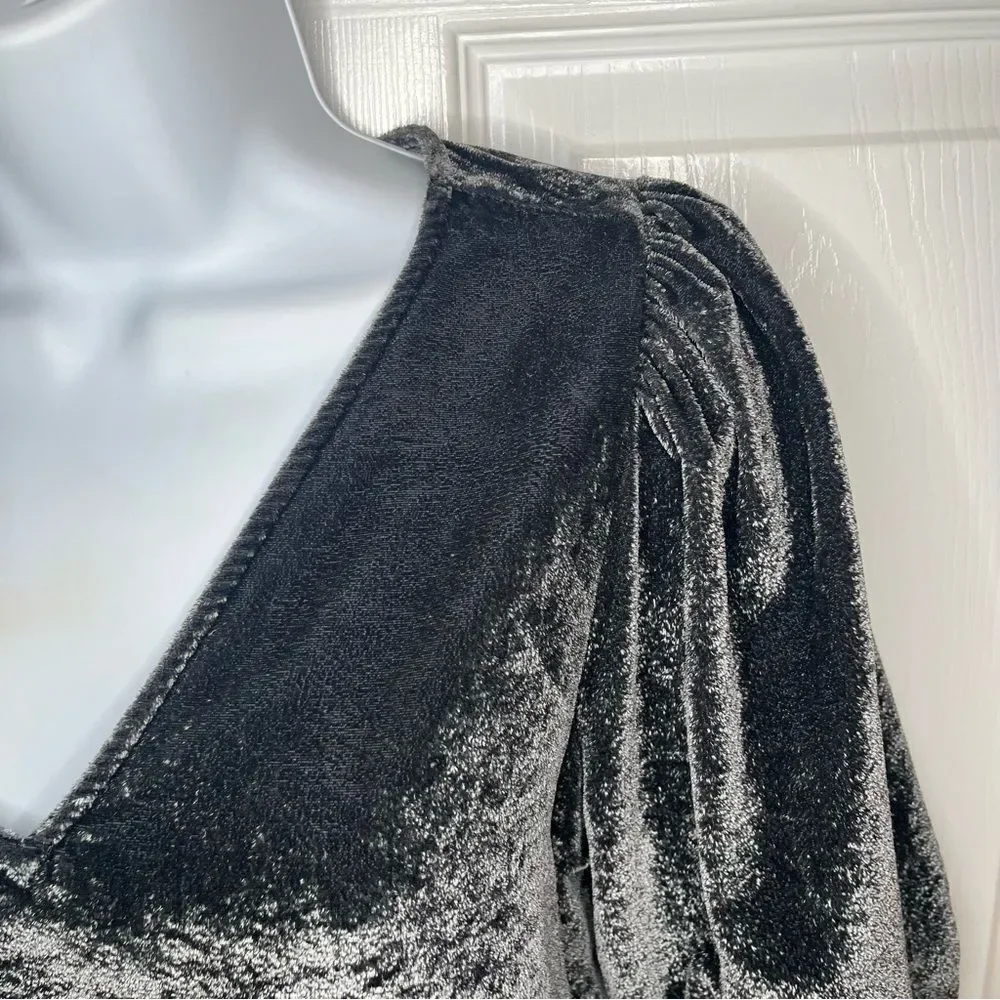 LOFT V-Neck Puff Sleeve Velvet Top Charcoal Gray S
